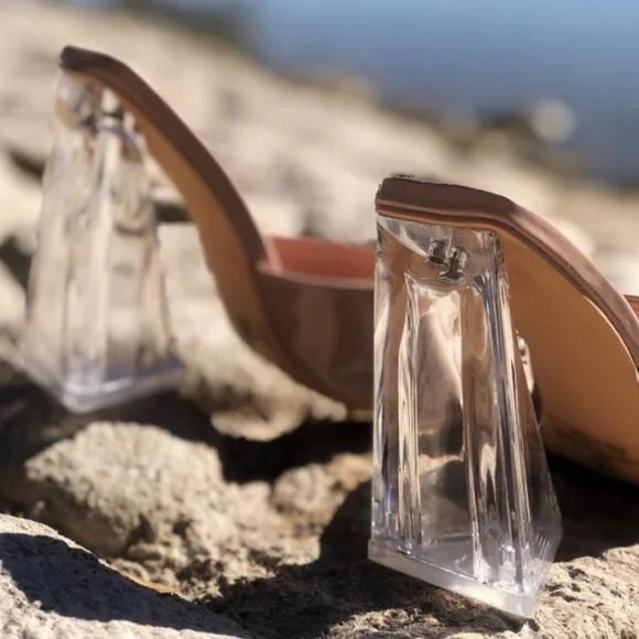 NEW Patent Clear Triangle High Block Heel Square Toe Slip On Sandals Mules Shoes - Picture 7 of 9